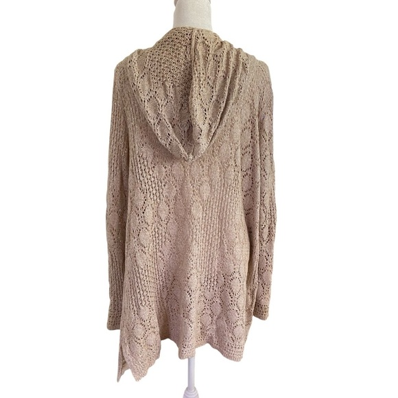 J.Jill Long Open Front Hooded Crocheted Cardigan Size M Beige Lightweight Spring - Picture 4 of 8